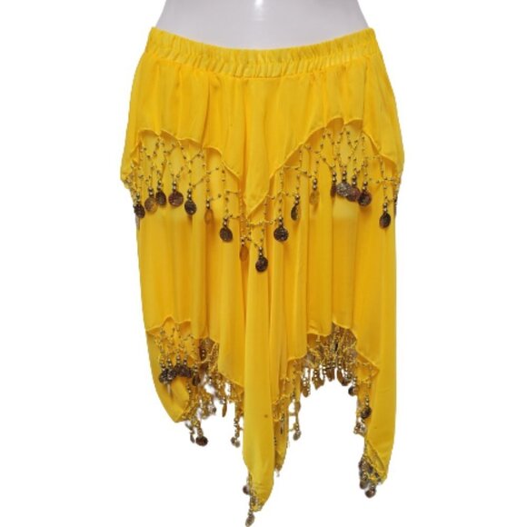 Yellow Short Skirt Belly Dancing Skirt Crocheted with Gold Beads and Coins  NEW - Picture 1 of 4